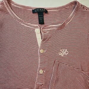 Lauren Ralph Lauren Christmas Pajama Sleep Shirt Monogram Logo Red white stripe